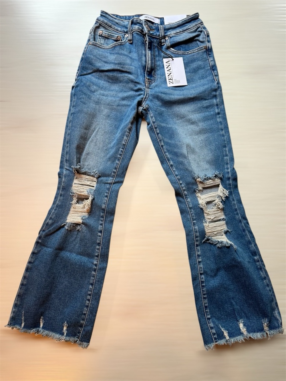 Zenana Distressed Blue cropped flare leg Jeans - High-Rise Ripped Detail